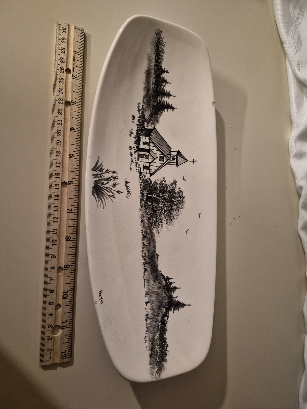 Bering Sea Alaska Handpainted White Ceramic Tray with Black Scenic Church Signed